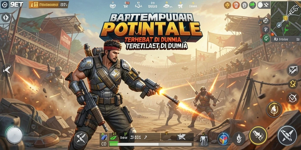 Screenshot utama 9ET menampilkan pertempuran intens di arena Battle Royale.