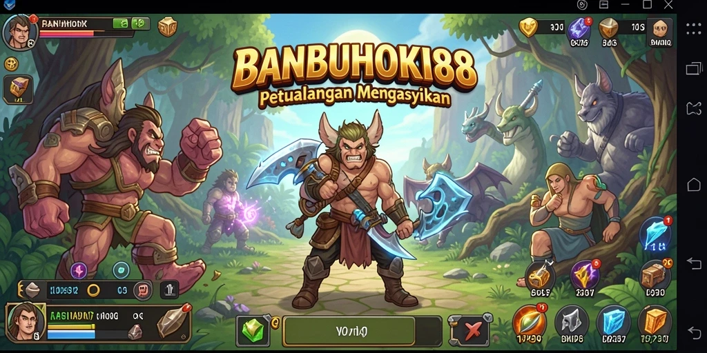 Screenshot gameplay BANBUHOKI88 yang menunjukkan pertarungan epik dan dunia yang luas.