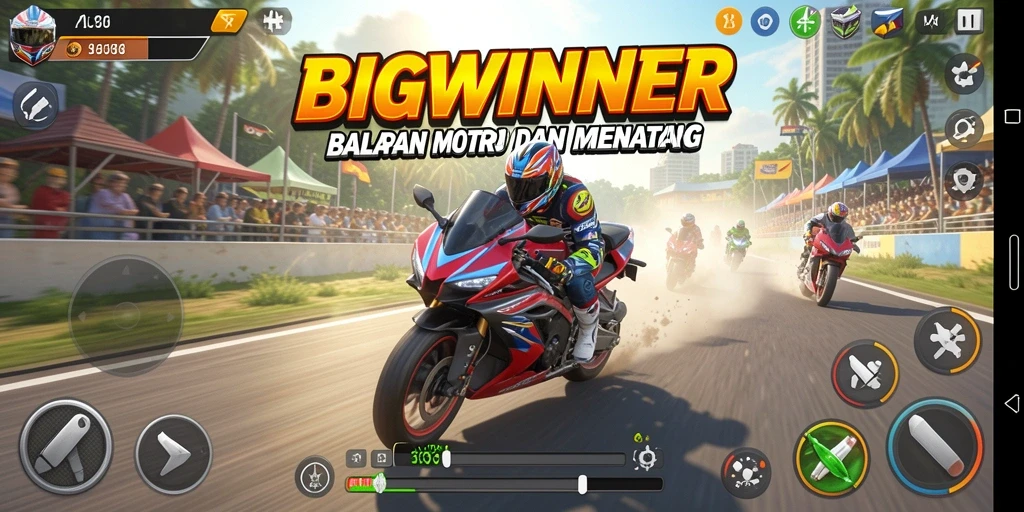 Screenshot dari gameplay seru BIGWINNER yang menampilkan aksi balapan motor.