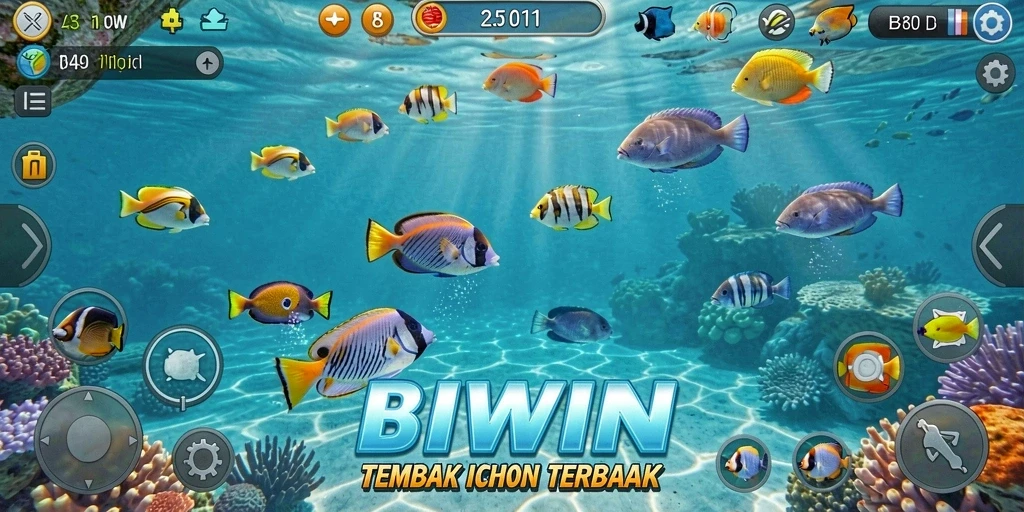 Tampilan gameplay seru BIWIN dengan berbagai ikan yang menarik.