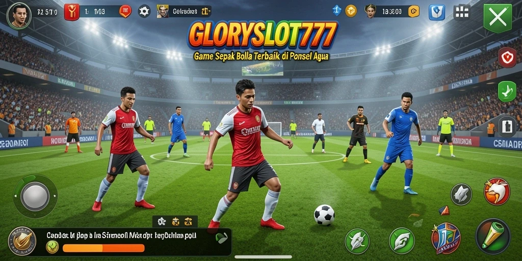 Screenshot gameplay GLORYSLOT777 menampilkan aksi seru di lapangan sepak bola.