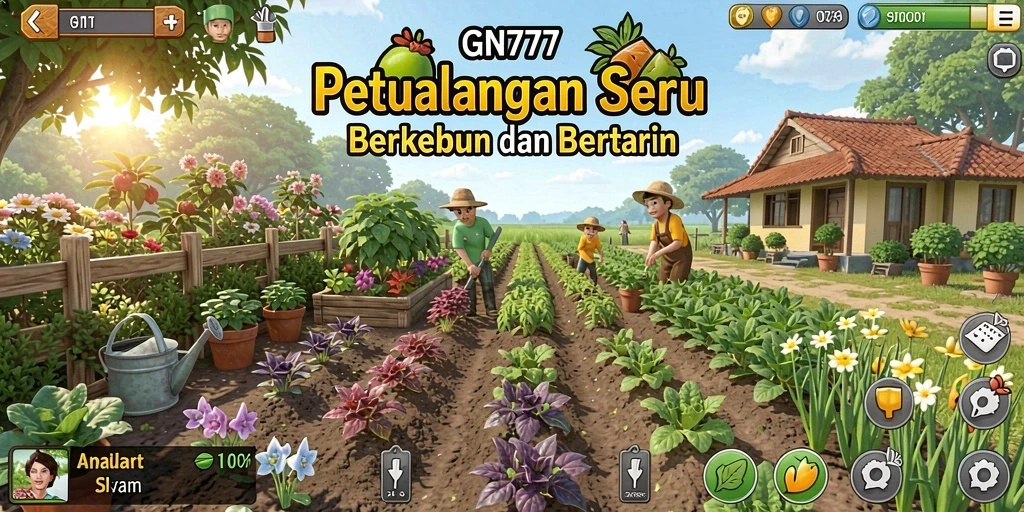 Tangkapan layar GN777 menampilkan kebun yang indah dengan tanaman subur dan alat pertanian.