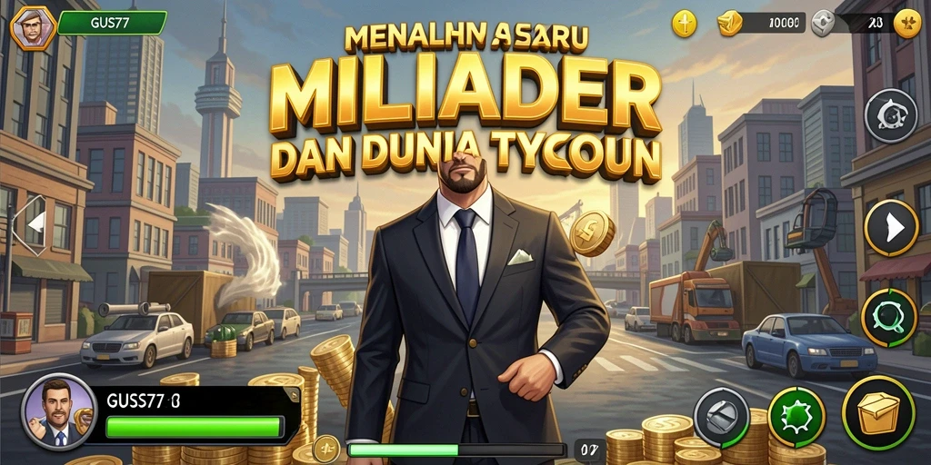 Tangkapan layar utama GUS77 menunjukkan strategi membangun bisnis Tycoon.