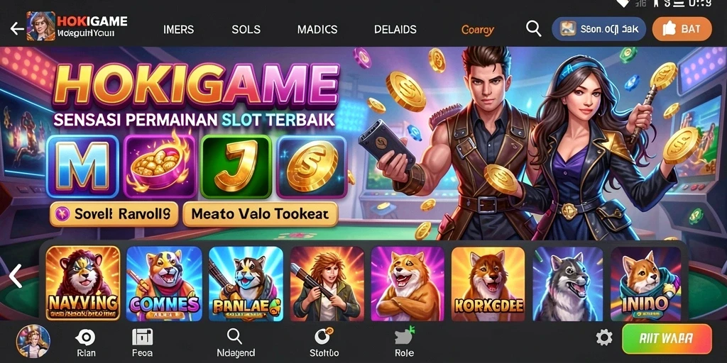 Tampilan utama gameplay HOKIGAME dengan efek slot yang menarik.