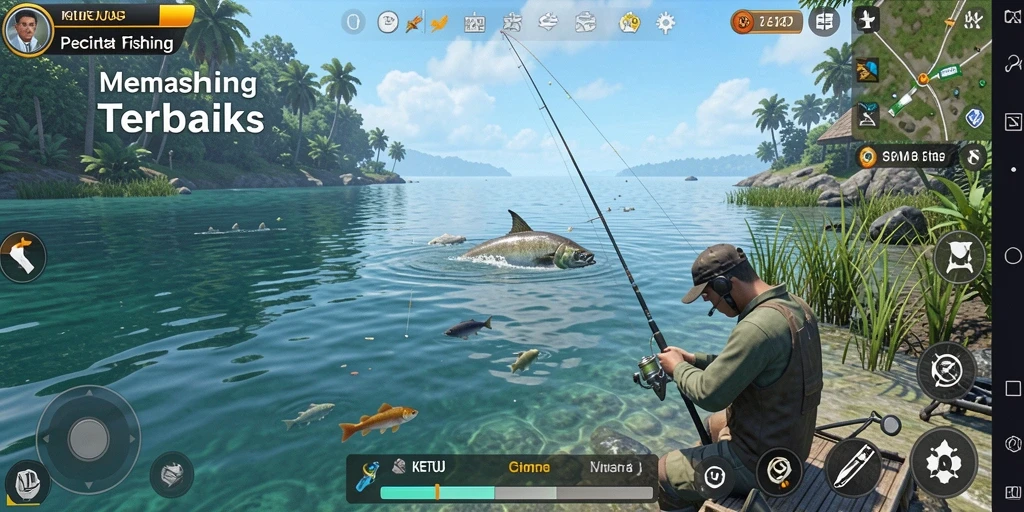 Screenshot gameplay KETUA menampilkan aksi memancing yang seru.